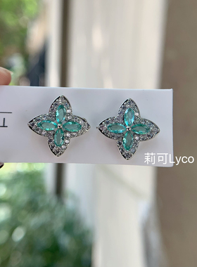 镀18K金驴字四叶草耳钉耳夹女S925银针精致微镶钻轻奢彩宝锆石饰