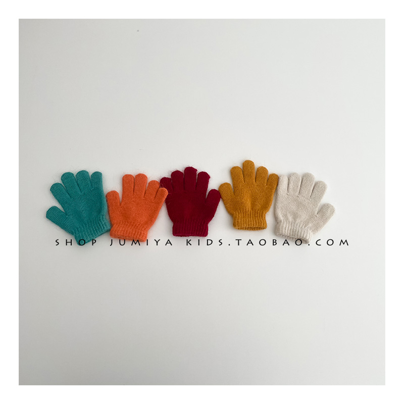 韩国ins纯色儿童手套冬季男宝女宝兔毛保暖针织毛线宝宝五指手套