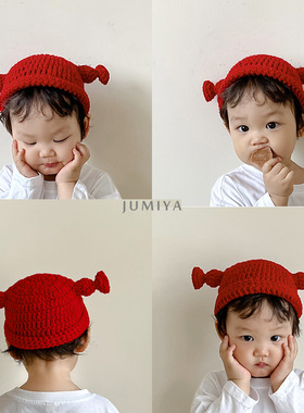 痞幼同款红色毛线帽ins网红触角针织套头帽婴儿春秋帽子1岁宝宝潮