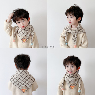 格子保暖儿童方巾围脖潮 宝宝三角巾可爱小熊韩版 入秋B备围巾 冬季