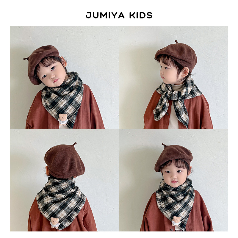 韩国儿童围巾男孩女童春秋纯棉宝宝围脖洋气1岁三角巾格子方巾潮