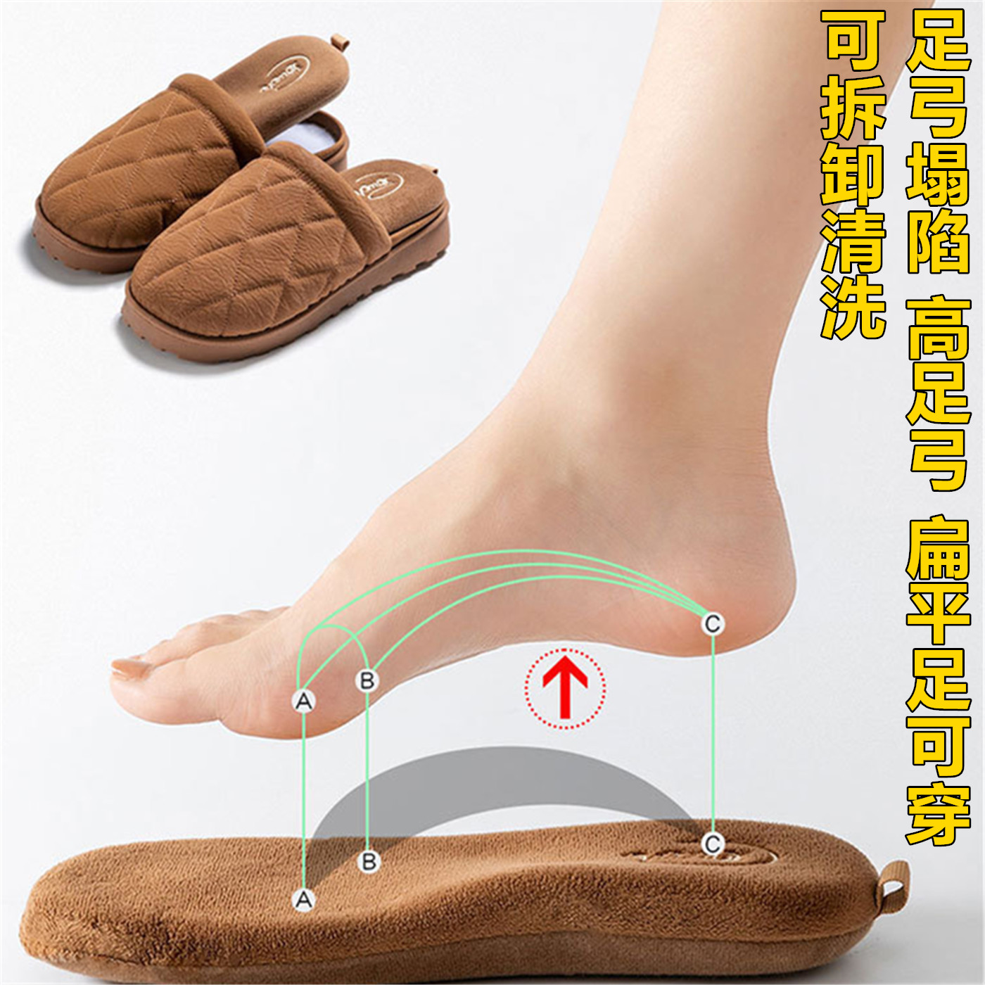 冬季足弓支持棉拖鞋可拆卸鞋垫扁平足高足弓足底筋膜炎不累脚拖鞋