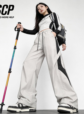 美式户外运动冲锋裤情侣加厚阔腿裤女休闲直筒裤宽松防风防水长裤