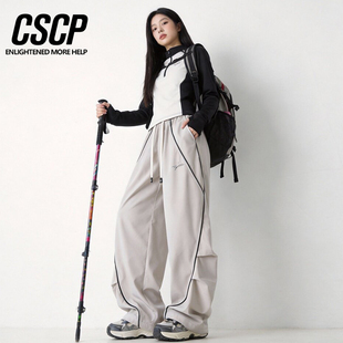 户外运动冲锋裤情侣美式休闲防水直筒裤女宽松阔腿裤条纹印花裤子