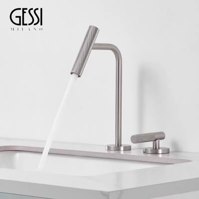 意大利GESSI双孔水龙头全铜冷热浴室可旋转拉丝镍分体式面盆龙头