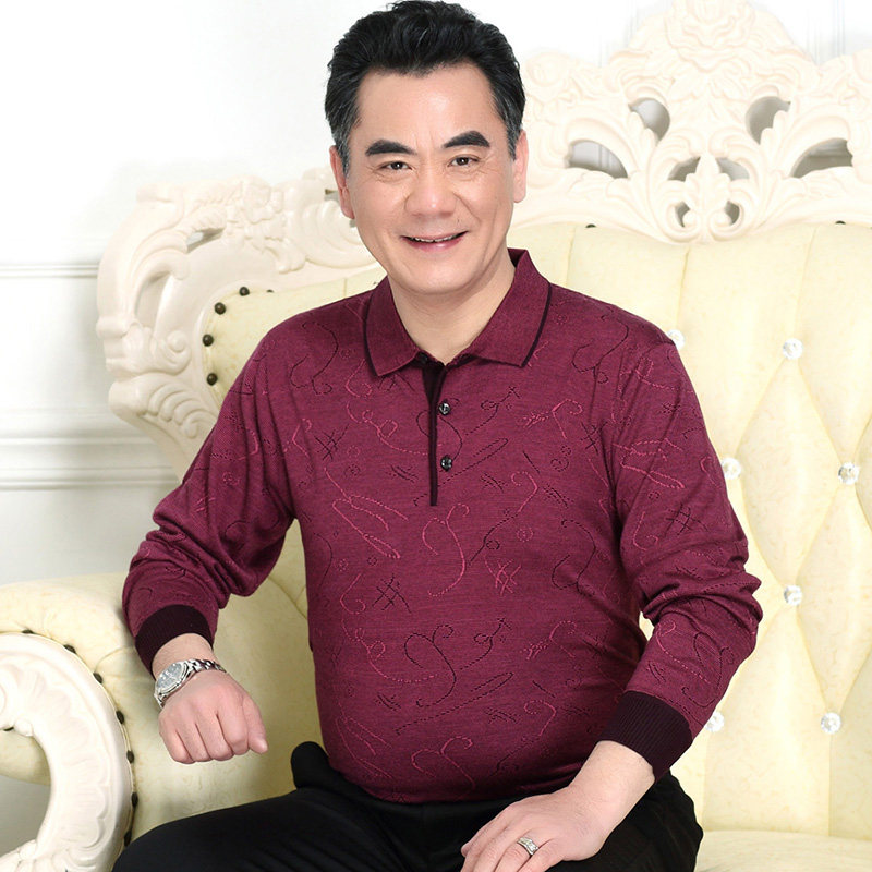 春秋季桑蚕丝长袖t恤男翻领polo衫中年宽松冰丝体恤衫真丝爸爸装