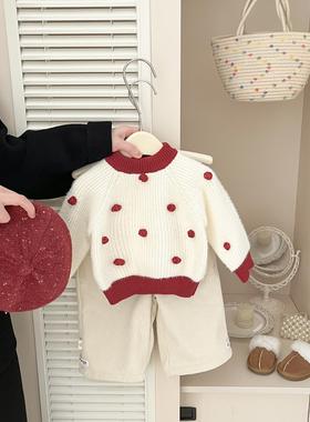 女童新年毛衣秋冬新款婴幼儿洋气冬季加厚保暖冬装红色喜庆针织衫