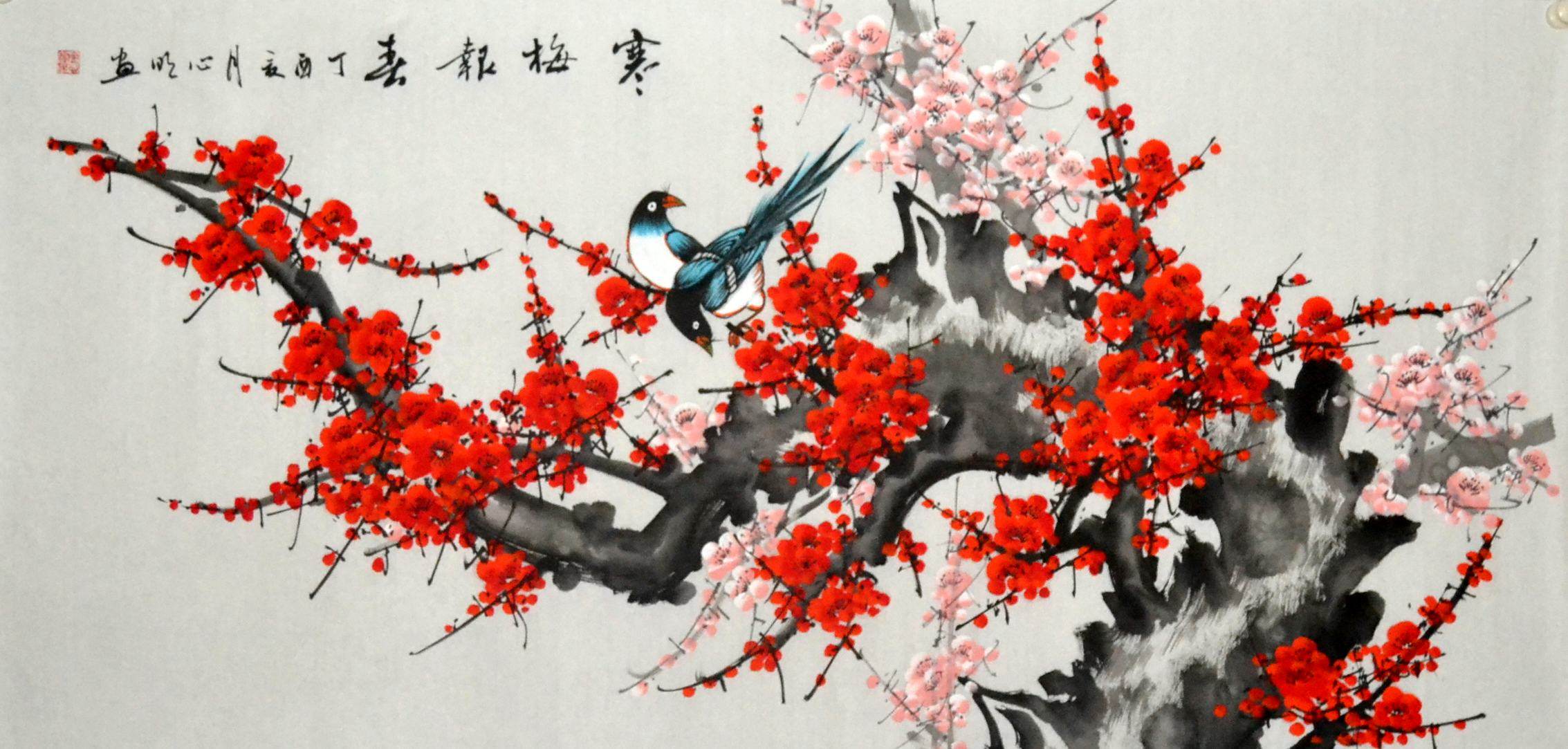 喜上眉梢装饰未裱客厅挂画四尺横幅梅花中国画花鸟画字画手绘原稿