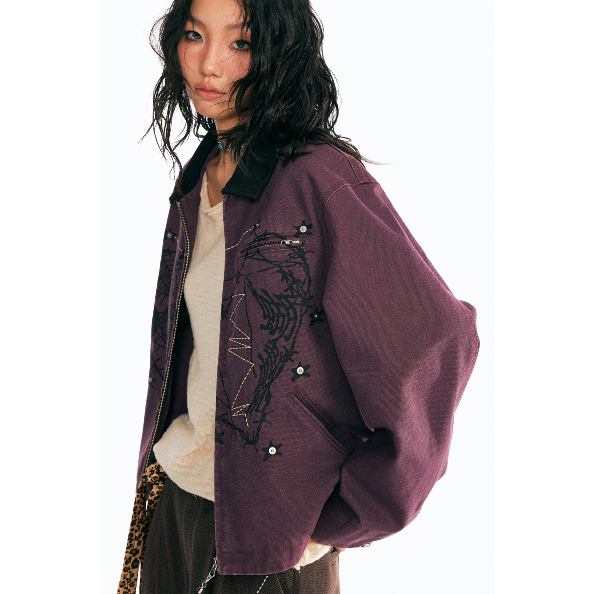 药九玖柒“捕梦网”铆钉刺绣水洗帆布底特律夹克/1997邮政局