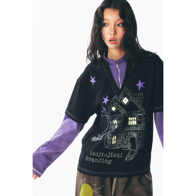 药九玖柒 “怪啖屋” 巫师做旧复古假两件长袖T恤/1997邮政局