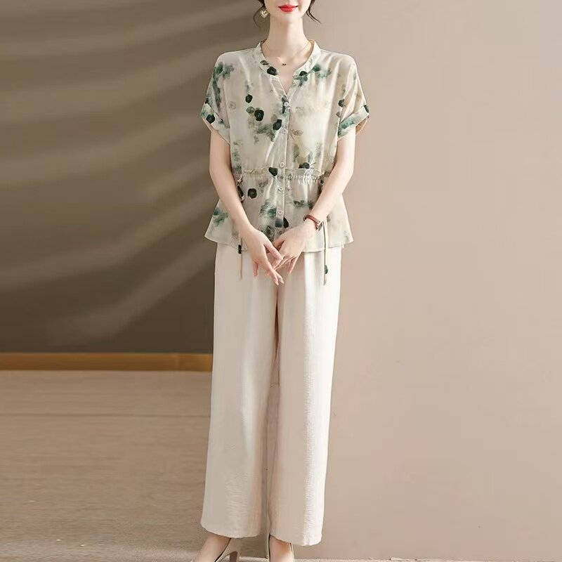 妈妈夏装套装2026新款短袖上衣50岁中老年女装夏季雪纺洋气T恤女