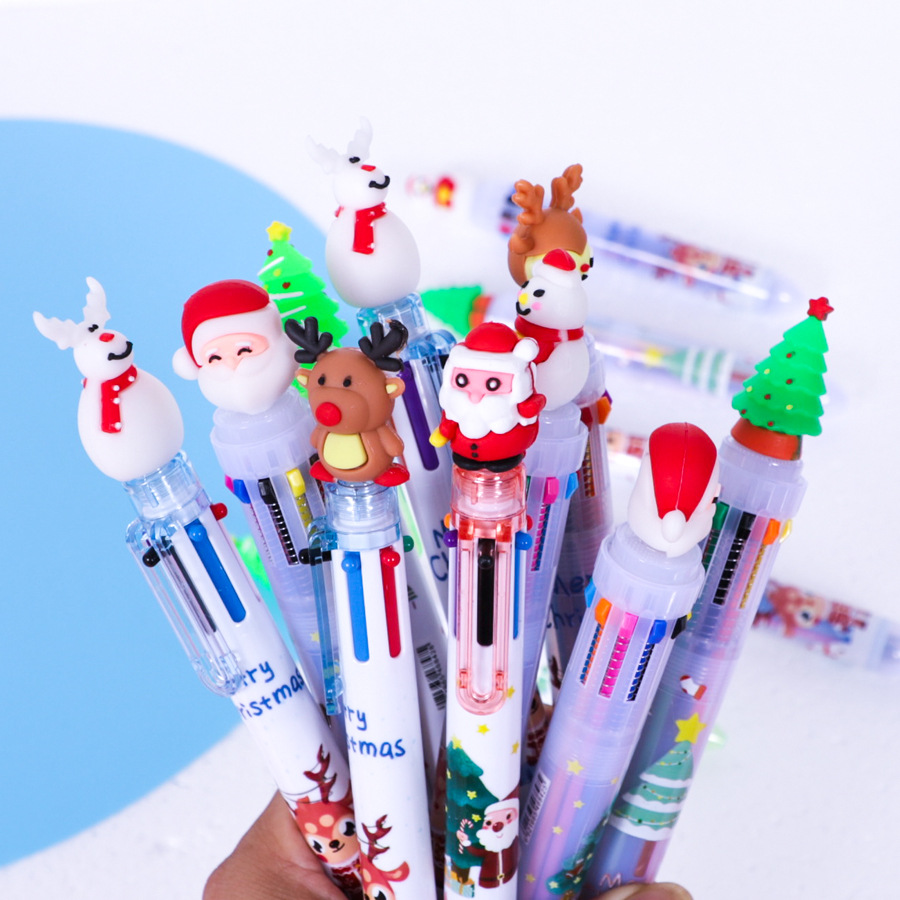10支 圣诞节6色圆珠笔卡通手账标记笔按动十色笔学生创意圣诞礼物