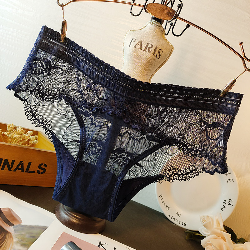 欧美舒适绣花蕾丝性感透视棉内裆中低腰女士内裤