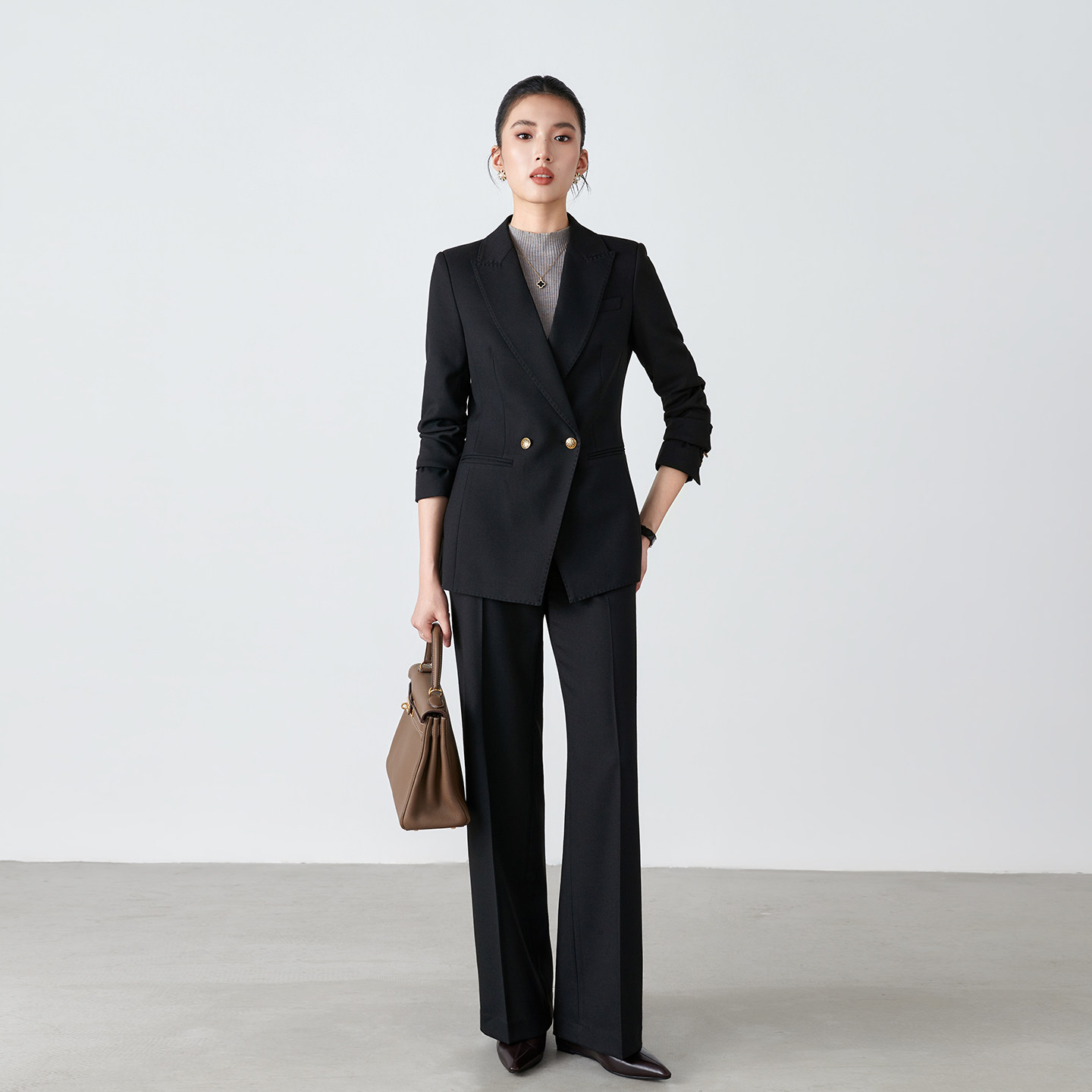 秋冬羊毛黑色西装外套商务正装职业修身型西服通勤风阔腿裤套装女