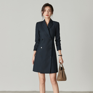 春秋冬新藏青色双排扣风衣外套时尚修身职业高级感西装裙连衣裙女