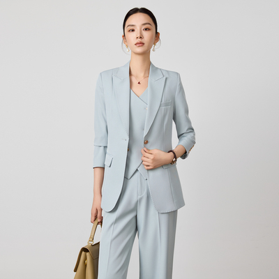 春秋冬新冰雾蓝中长气质西装外套