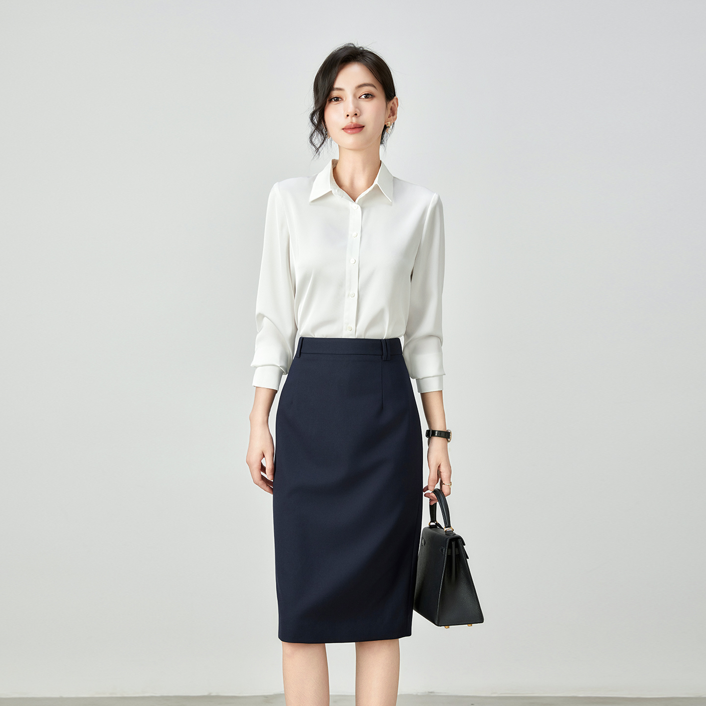 秋冬白色醋酸长袖职业衬衫