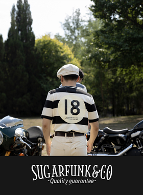 Sugarfunk棉胚色条纹囚徒半袖凯旋1956T恤美式复古/阿美咔叽/机车