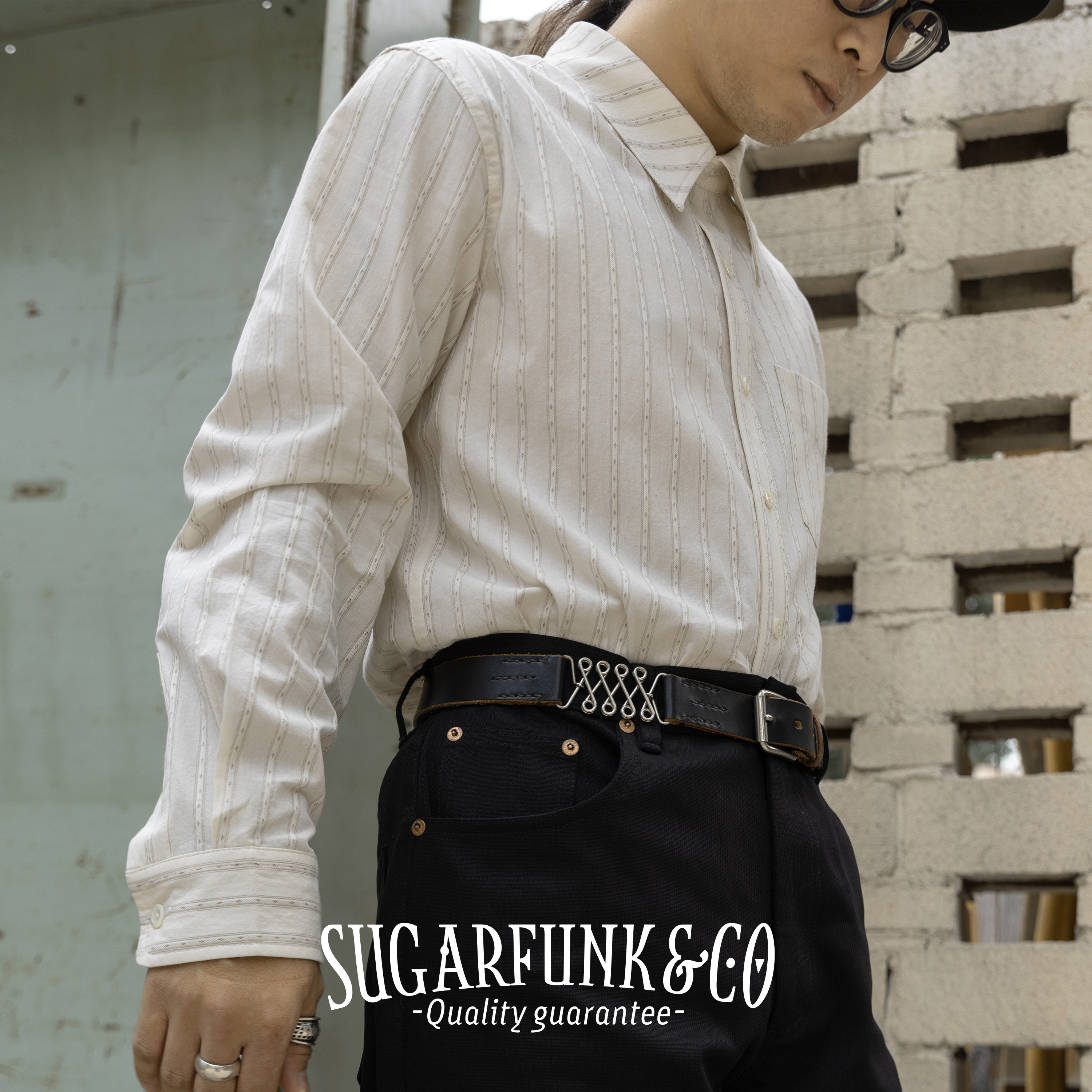Sugarfunk多比常规尖领小提花条纹复古休闲衬衫英式复古/阿美咔叽