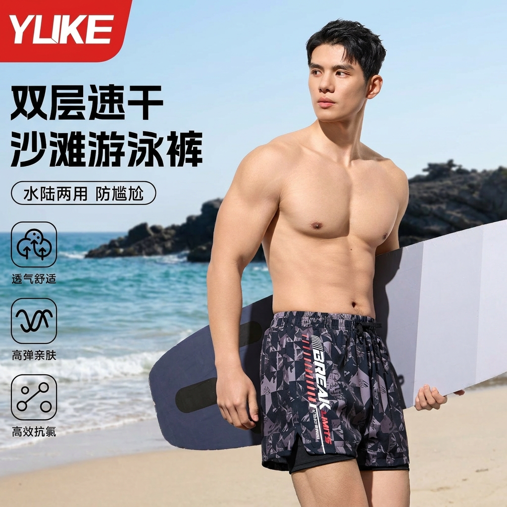 男士泳裤男款成人青少年双层防尴尬游泳装备泳帽全套三件套男式