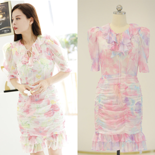 连衣裙短款 桑蚕丝真丝压褶设计短袖 荷叶边绑带 399 秒杀
