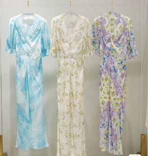 Z「亏本秒杀 收腰连衣裙黄花 399」桑蚕丝真丝V领露背短袖