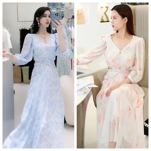 饰v领中袖 秒杀 桑蚕丝真丝女神范链条装 露腰款 连衣裙印花 899