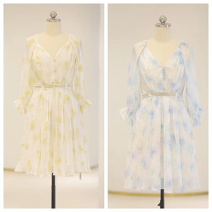 299 中长款 不退 桑蚕丝真丝V领印花收腰短袖 连衣裙 春夏新款 秒杀