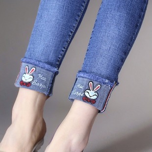 显瘦刺绣小个子百搭裤 高腰牛仔九分裤 修身 弹力韩版 女2025春秋新款