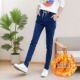 休闲松紧腰直筒裤 2025年新款 弹力加绒深色修身 女哈伦裤 高腰牛仔裤