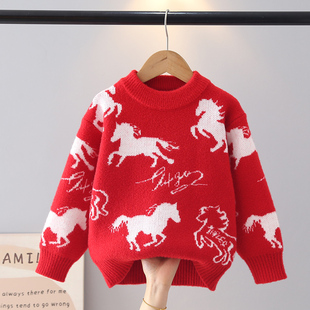 男童红色毛衣秋冬款2026新款儿童马年女童冬季新年保暖针织拜年服