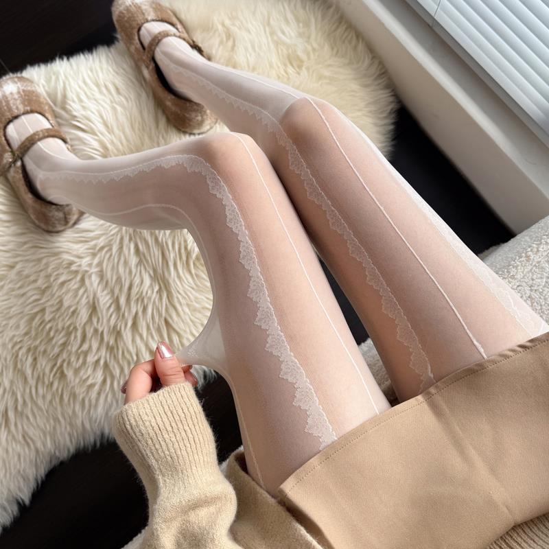 日本代购JK白丝袜春秋季奶白色连裤袜防勾丝提花打底袜甜美蕾丝花