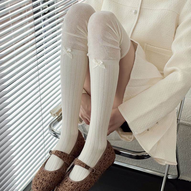 日本代购浅灰色过膝袜秋冬款jk奶白色长筒袜女韩版蝴蝶结咖啡色高