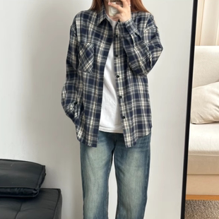 新款 秋季 情侣日常通勤宽松百搭衬衣穿搭外套 复古格子衬衫 美式