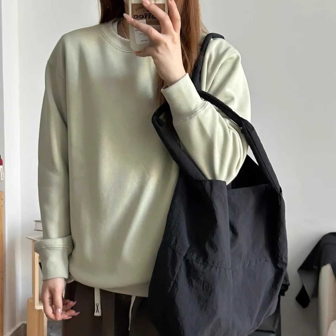 冬季加厚卫衣男女款百搭休闲简约纯色加绒情侣圆领套头卫衣