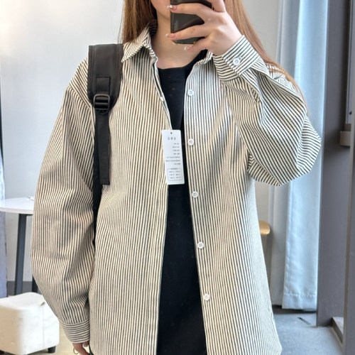 复古黑白条纹长袖衬衣男春秋加厚百搭衬衫男女同款休闲宽松外套男