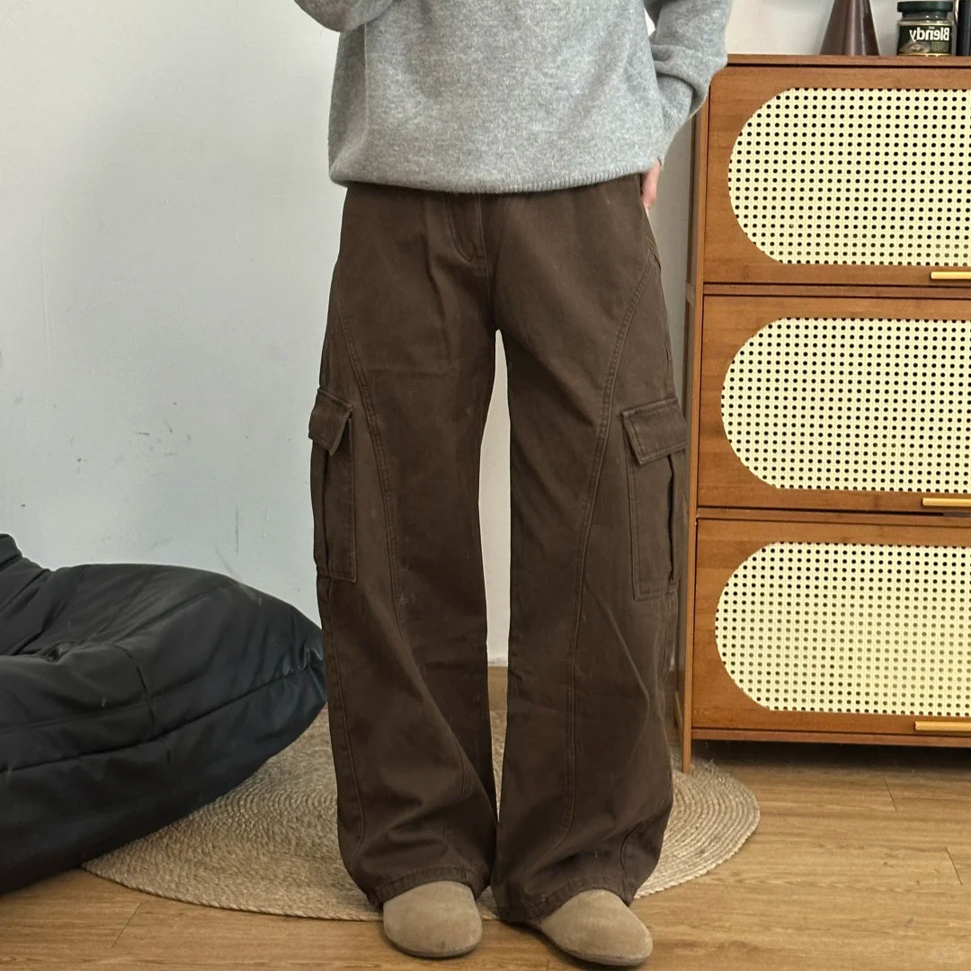 美式加绒阔腿工装裤直筒加绒裤子