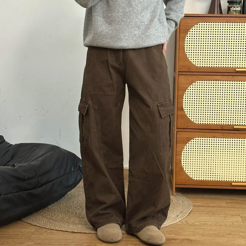 美式加绒阔腿工装裤直筒加绒裤子