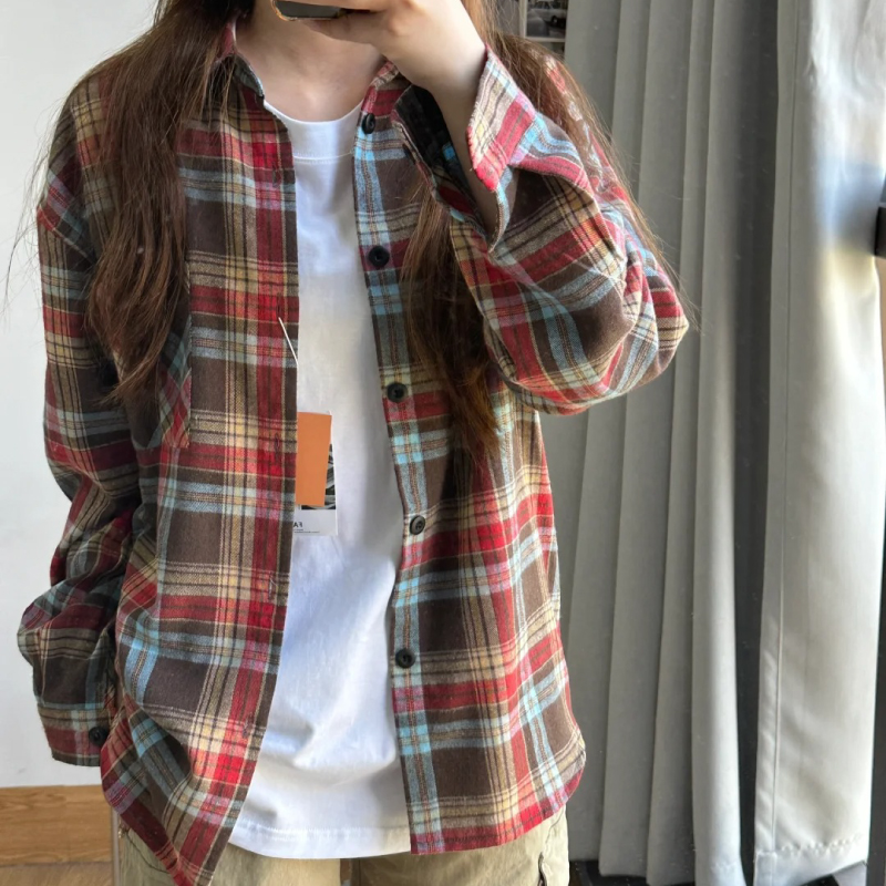 复古美式休闲长袖衬衫翻领格子