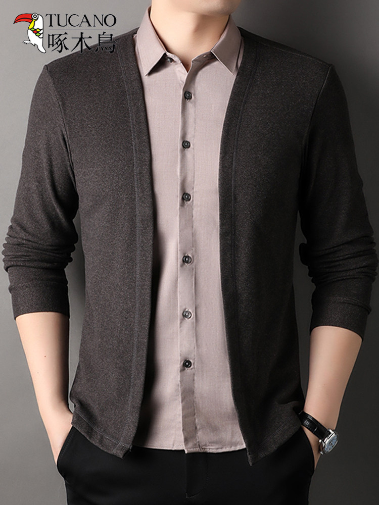 딱따구리 가짜 투피스 셔츠 칼라 스웨터 남성 봄 가을 비즈니스 캐주얼 남성 신작 가을 스웨터 가디건