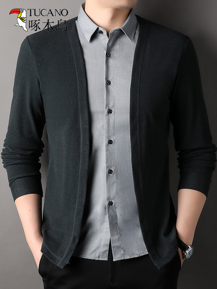 딱따구리 가짜 투피스 셔츠 칼라 스웨터 남성 봄 가을 비즈니스 캐주얼 남성 신작 가을 스웨터 가디건