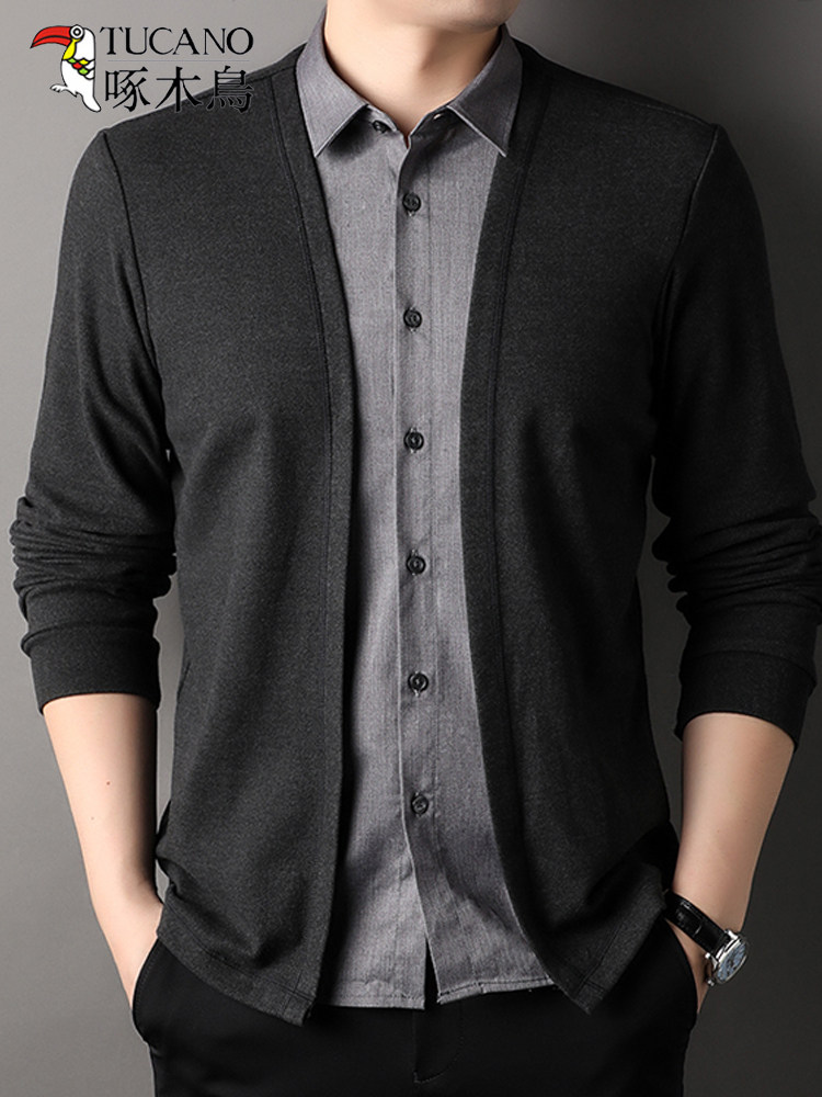 딱따구리 가짜 투피스 셔츠 칼라 스웨터 남성 봄 가을 비즈니스 캐주얼 남성 신작 가을 스웨터 가디건