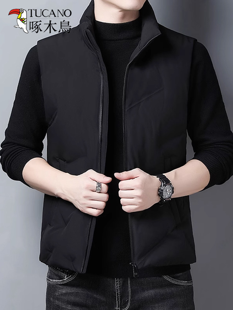 딱따구리 민소매 다운 재킷 조끼 남자 가을 겨울 2024 새로운 인기 스타일 양복 조끼 겉옷 남자 다운 조끼