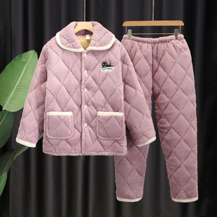 秋冬天夹棉三层加厚女款珊瑚绒睡衣女士加绒冬季可爱家居服棉袄