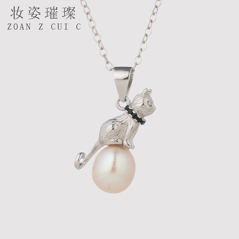 S925银项链女淡水珍珠个性猫咪
