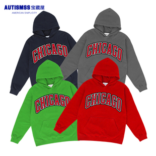 Autismss宝藏屋美式复古潮牌chicago芝加哥印花篮球连帽卫衣男女