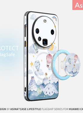 蓝色热气球适用华为mate80pro手机壳mate40pro+原创设计mate50素皮磁吸mate60支架卡通网红款30Epro防摔网红