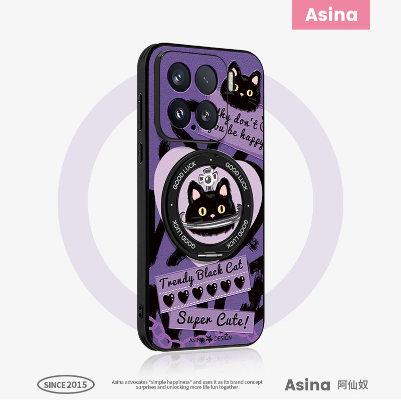 西太后小黑猫适用于小米17手机壳卡通全包磁吸14Pro防摔仿皮15Ultra支点一体壳15Pro高级超薄旋转支架外壳14