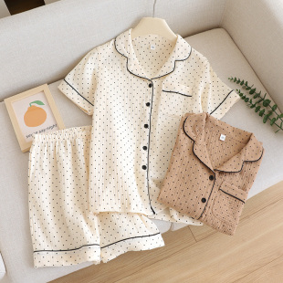 日系可外穿家居服两件套装 波点睡衣女夏季 薄款 短裤 纯棉纱布短袖