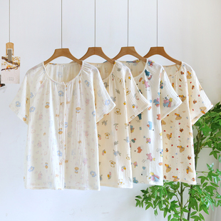 夏季薄款卡通印花睡衣女纯棉纱布圆领短袖家居服上衣单件棉麻开衫